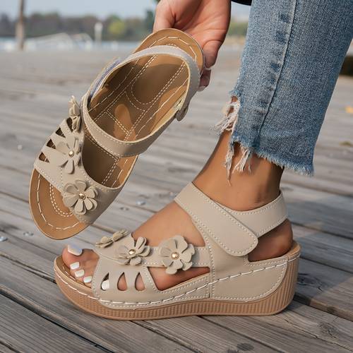 summer new womens casual solid color wedge sandals thick sole height increasing design floral and age reducing comfortable soft sole shock absorbing walking comfortable summer daily all match style