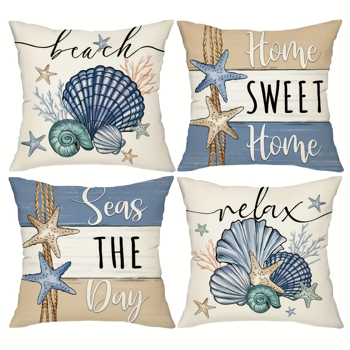 E-shop Set mit 4 Kissenbezügen aus Leinen mit Meeres-Sternen-Design im Vintage-Farmhouse-Stil, akzentuiert mit Muscheln. Sie haben einen Reißverschluss