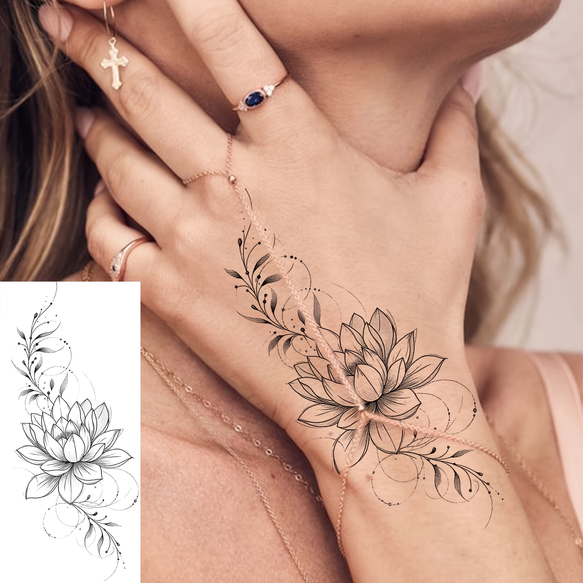 1 Sheet Lotus Temporary Tattoos For Women Men Hands Finger Foot Neck Waist Legs Thigh Forearm Shank Half Sleeve Arm, Temp Fake Tattoo Stickers Waterproof Long Lasting Realistic Tatoos