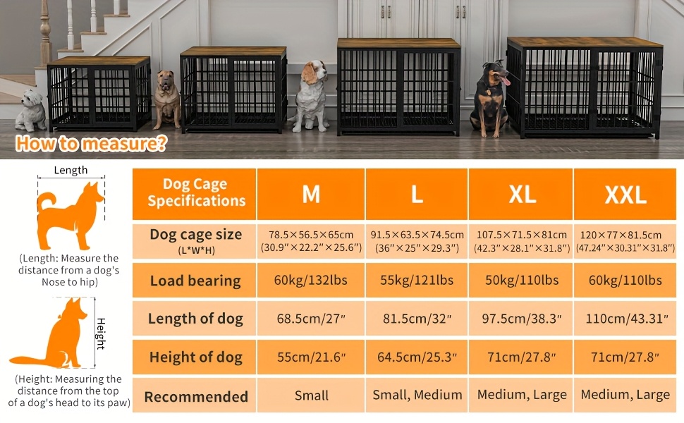 1pc Heavy Duty Multi-Size (M/L/XL/XXL) Metal & Wood Dog Crate Furniture End Table/Pet Cage with 3 Doors, Removable Tray - -Use Kennel for Large Dogs, TV Stand for Small/medium Pets, Space-Saving