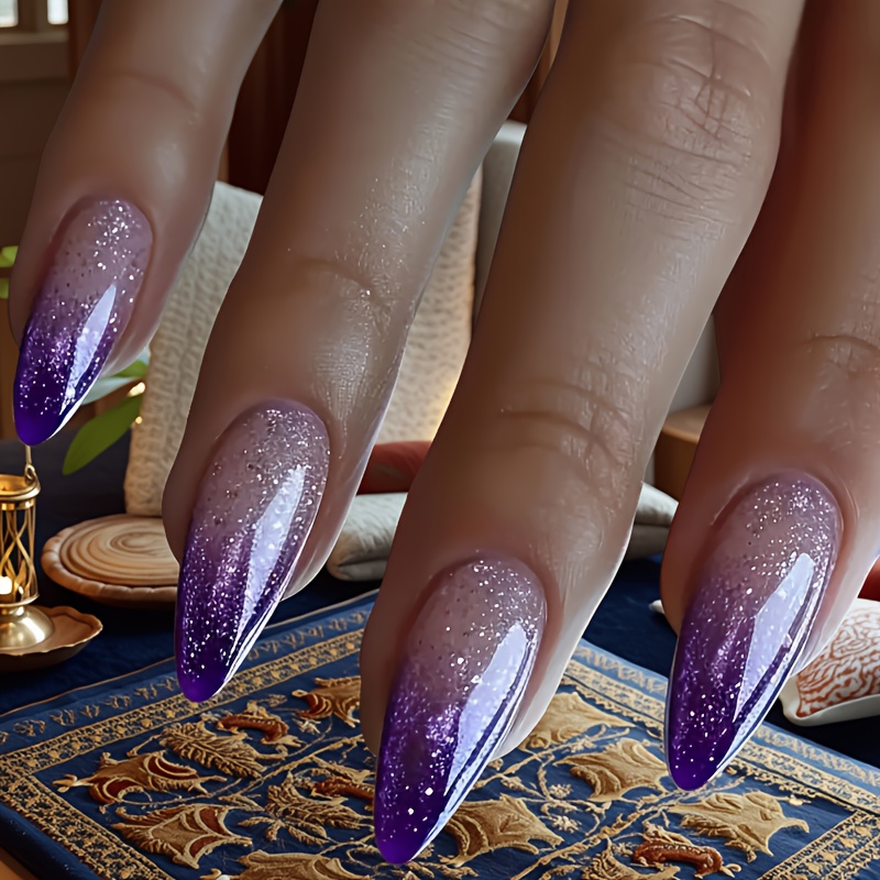 Medium Almond, Purple Gradient Fake Nails Acrylic Crushed False Set For Occasions To Make You - 24pcs