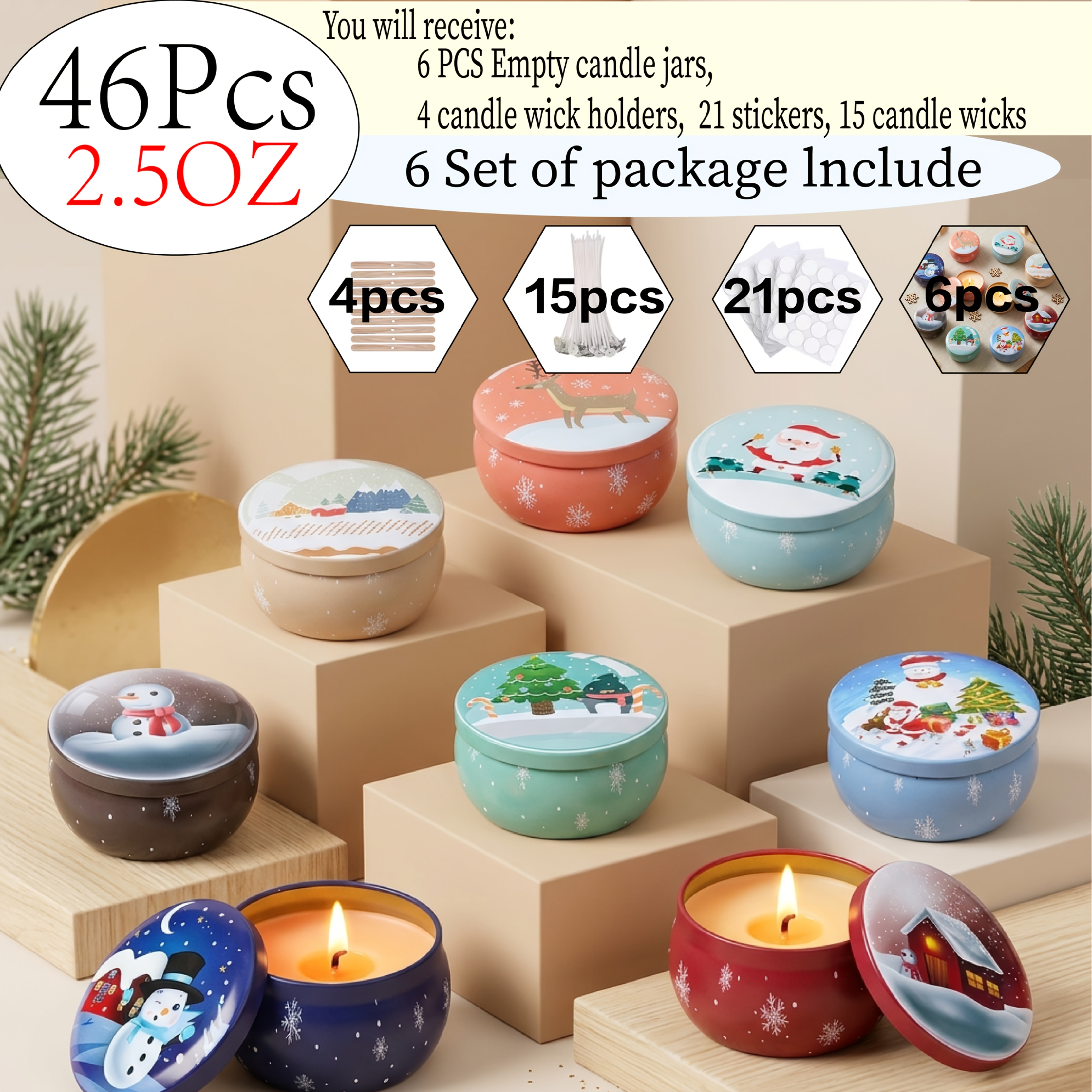 TEMU Set de 46 piezas, Set de frascos para velas de Papá Noel, frascos de metal con temática navideña de 2.5Oz, 6 frascos vacíos con tapas y 40