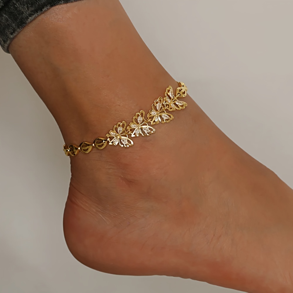 

1pc Fashion Butterfly Design Zircon Anklet Summer Beach Vacation Foot Accessories Men And Women Jewelry Can Be Used As Bracelet Length 8inch+2inch
