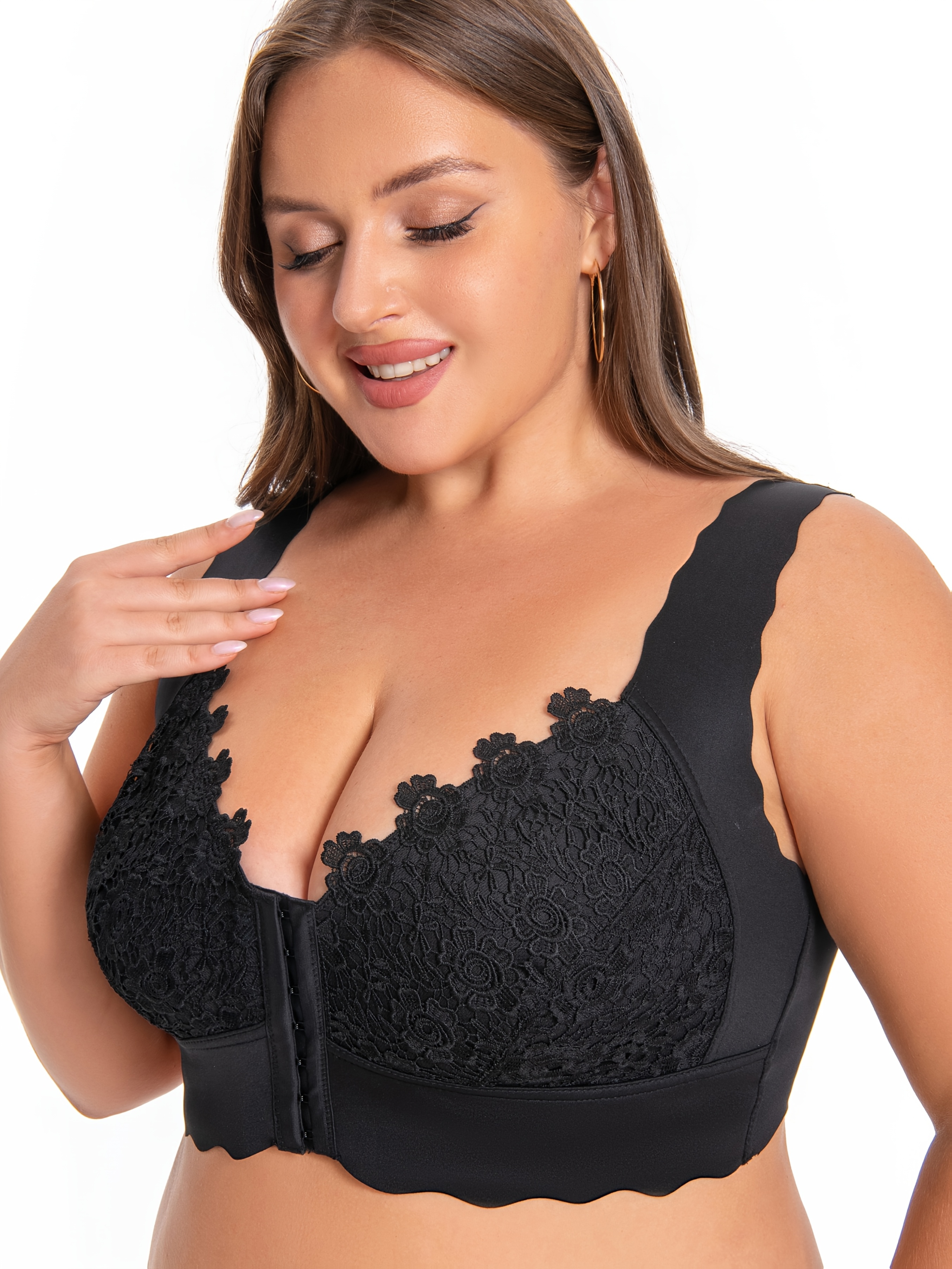 Plus Size High Support Seamless Non-Wired Wide Shoulder Strap Bra with Front Closure, Lace Detailing, V-Neck, Stretch Design, Comfortable Breathable, Suitable for Casual Attire, Ultra-Fitted Vest Style
