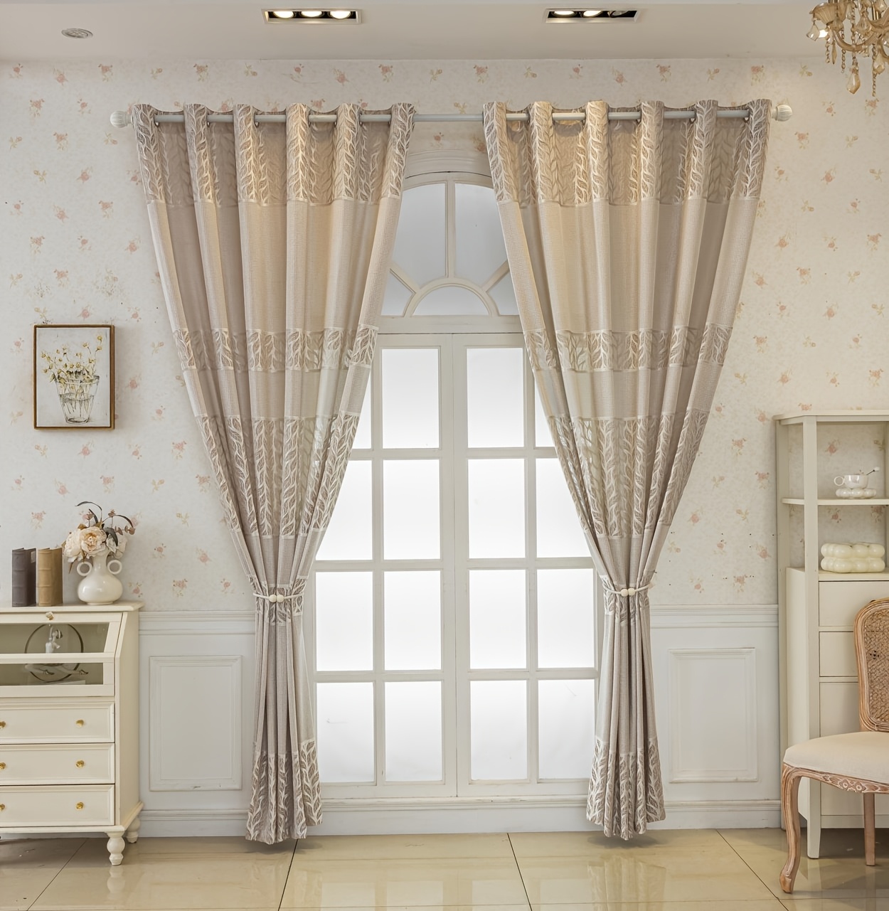 2pcs Bohemian Modern Thermal Insulating Blackout Curtains Suitable for, Horizontal Leaf Window Drapes with Champagne Color, Light Blocking Panels for, Panels for
