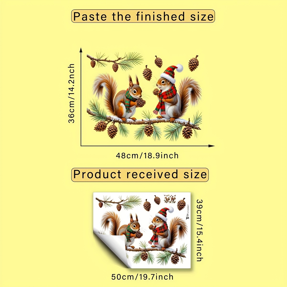 TEMU 1pc Self-adhesive Removable Christmas Squirrel Window Cling Sticker - Realistic Pine Branches, Pine Cones & Squirrel With Hat - Pvc Glass Decal