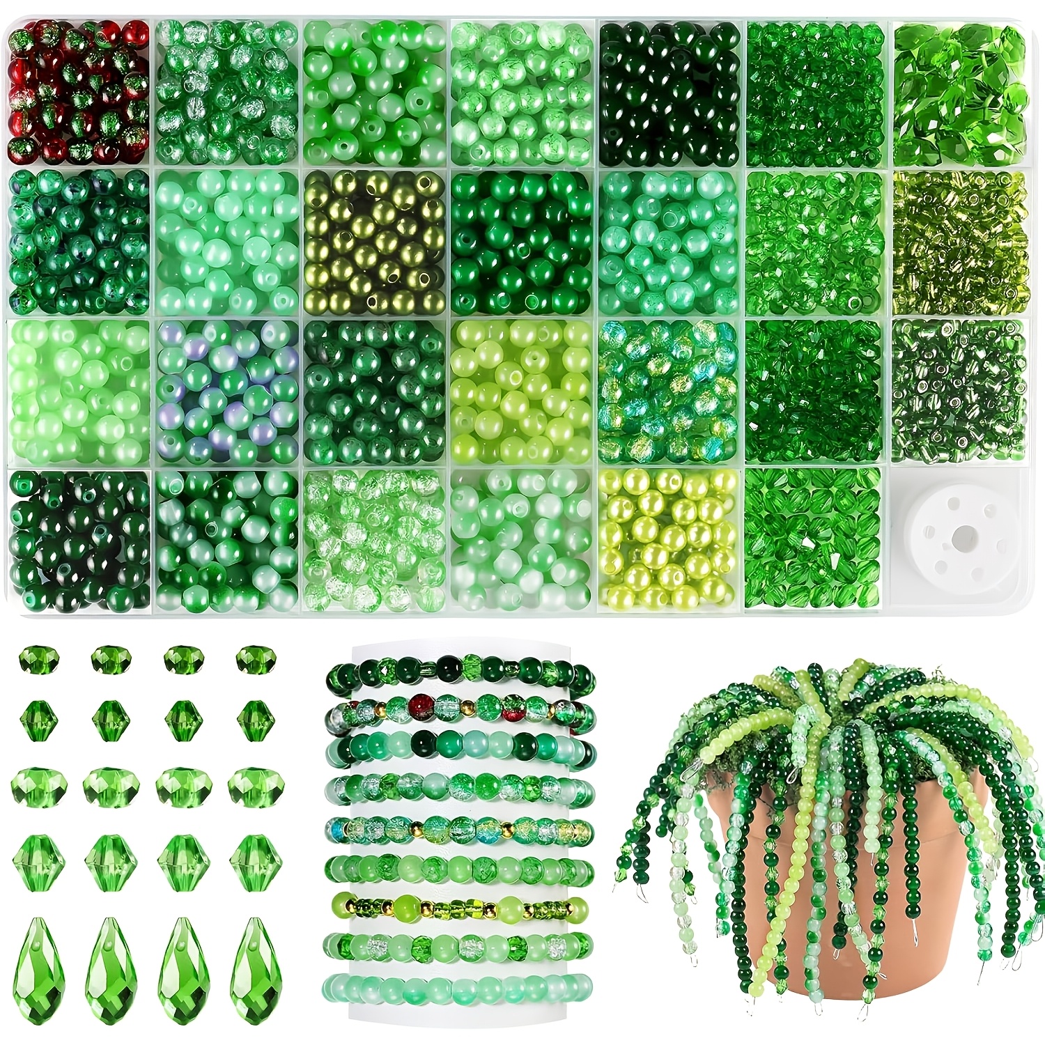 TEMU Kit de bijoux de perles de verre rondes style plante verte de 6 mm, 1600 pièces, matériel de fabrication de bijoux de perles de verre, kit de