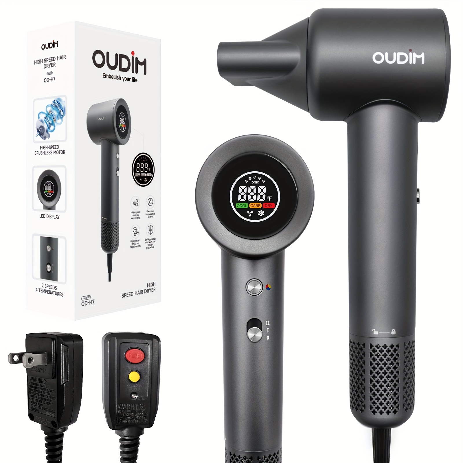 

Oudif Professional Hair Dryer, 110000 Rpm Brushless Motor, 4 Temperature Settings With Led Display, 2 Speed/cold Options, , Ergonomic Handle, Us Plug – Perfect Gift For Women