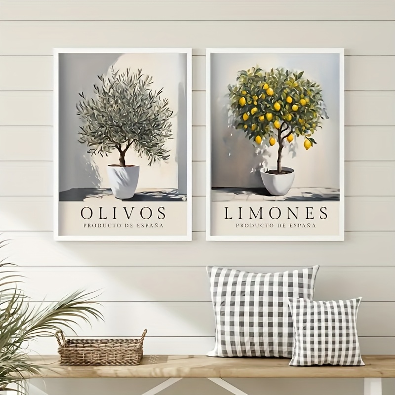 TEMU 2pcs Frameless Canvas Poster, Vintage Art, Olive Tree Lemon Tree Print, Wall Art Canvas Painting, Bedroom Living Room Wall Decoration, Kitchen