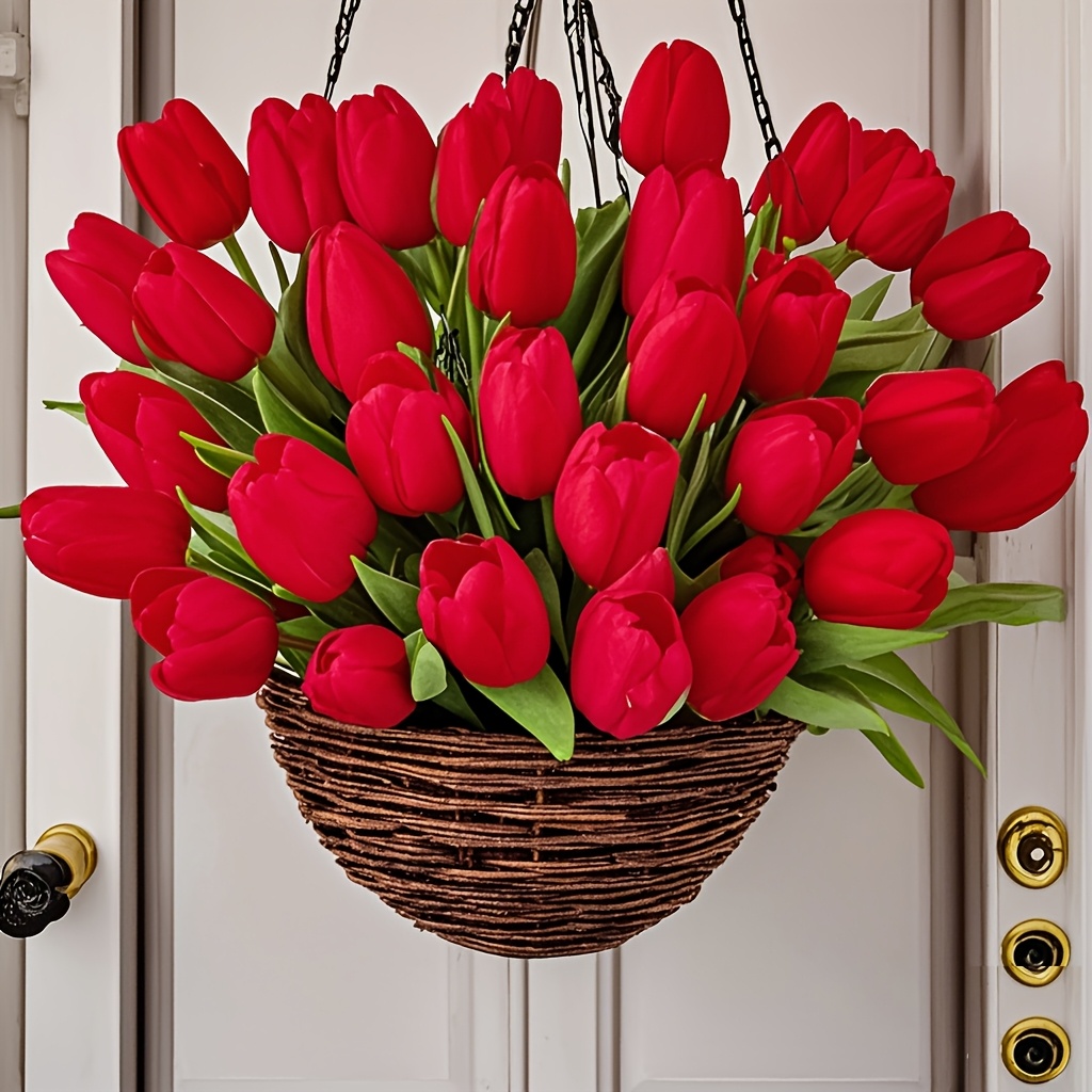 

16pcs Red Artificial Tulips, Real Touch Plastic Flowers, For Home Decor, Wedding Bouquets, Tabletop Decorations, Christmas, Halloween, Hanukkah, Thanksgiving, Valentine's Day - For Room Types