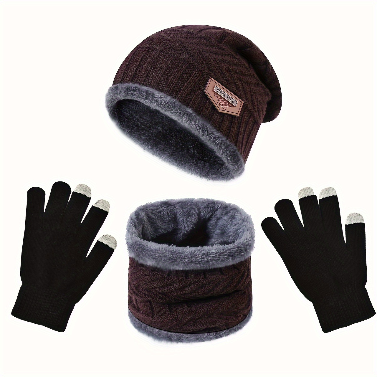 

Winter Knit Hat, Scarf, And Touchscreen Gloves Set For Men - 3 Piece Casual Style Cold Weather Accessories, 100% Weaving