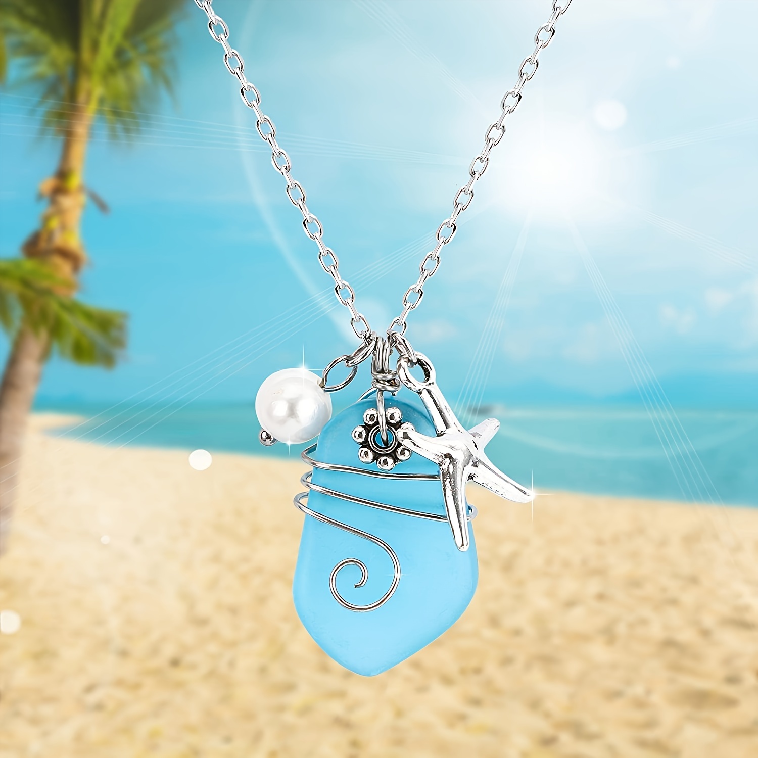 

1pc Starfish Pendant Wrapped In Glass Pearls Women's Beach Necklace, Fashionable And Simple, , Clavicle Chain