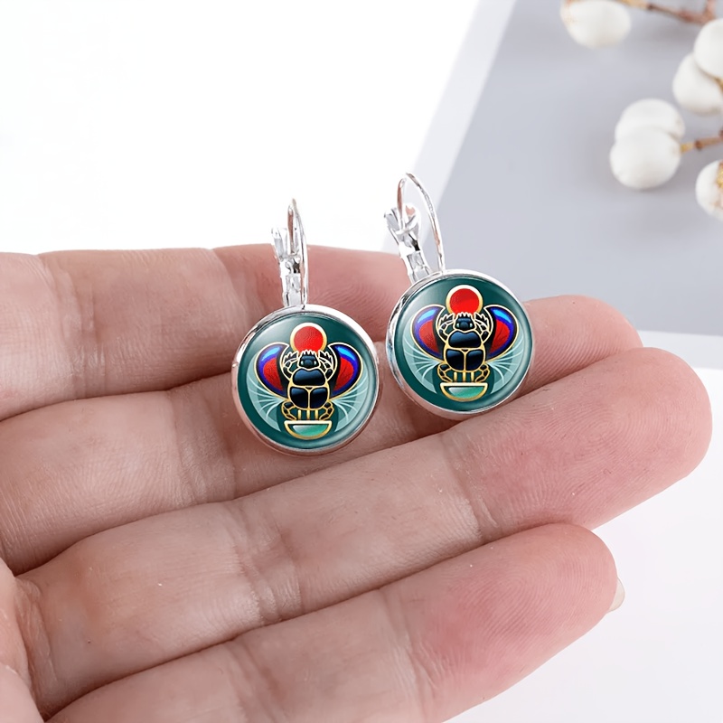 Round Glass Inlaid Base Earrings with Beetle Design
