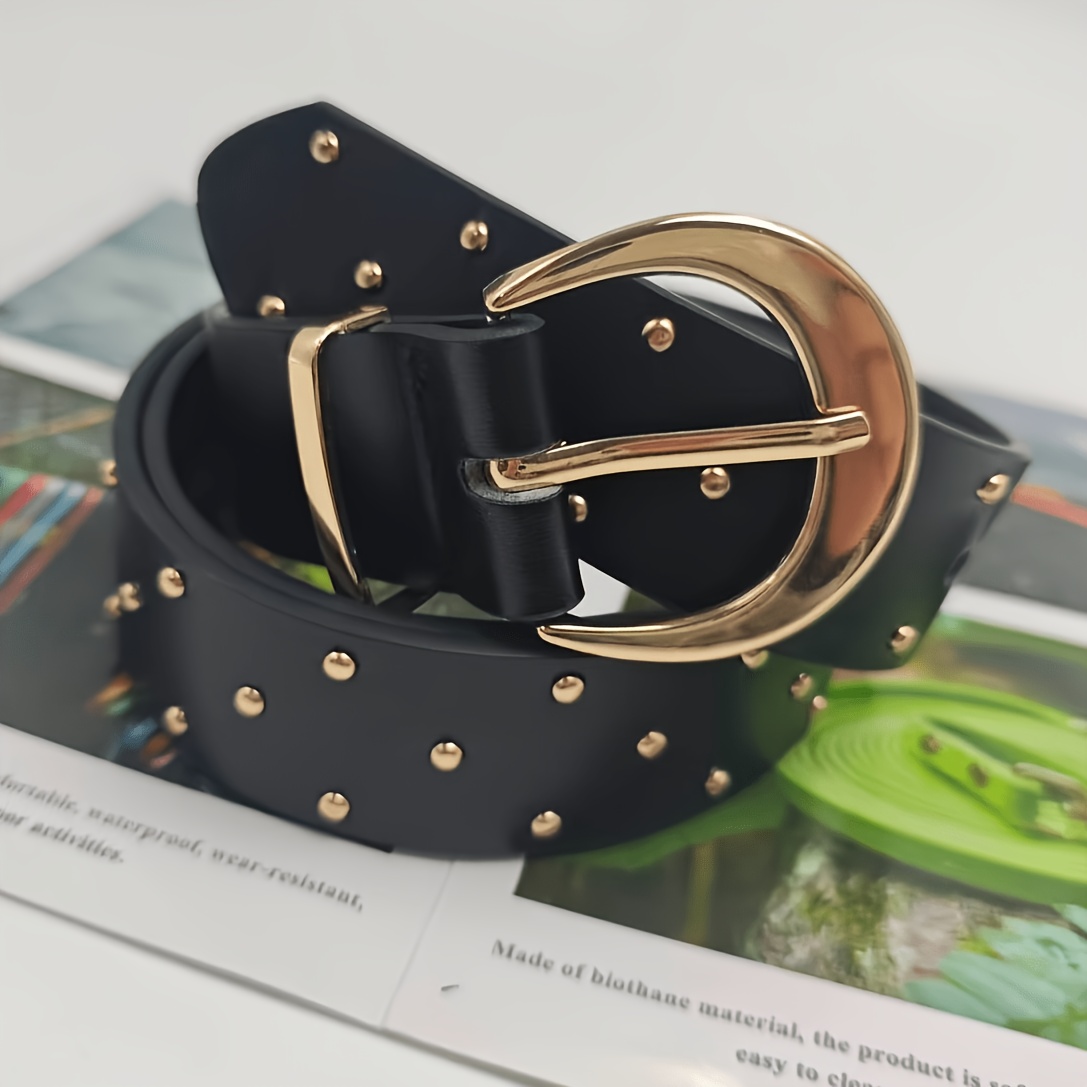 TEMU Punk Western Studded Belt For Women, Adjustable Wide Black Belt With Golden Metal , Gothic Rock Waist Belt For Jeans, Trousers, Dresses,