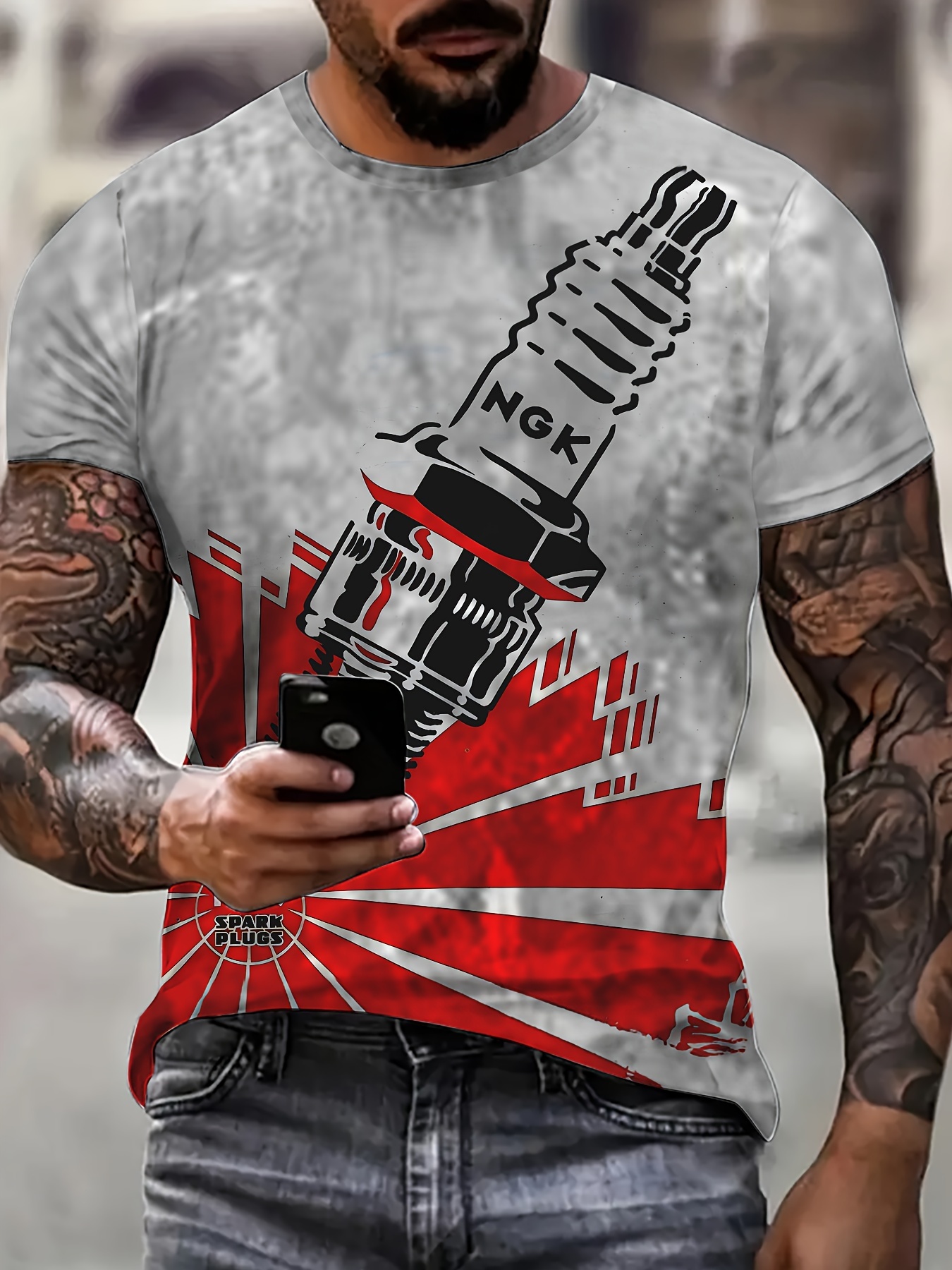 spark plugs graphic 3d print mens crew neck short sleeve tees summer trendy t shirt casual comfortable versatile top for street wear grey 0