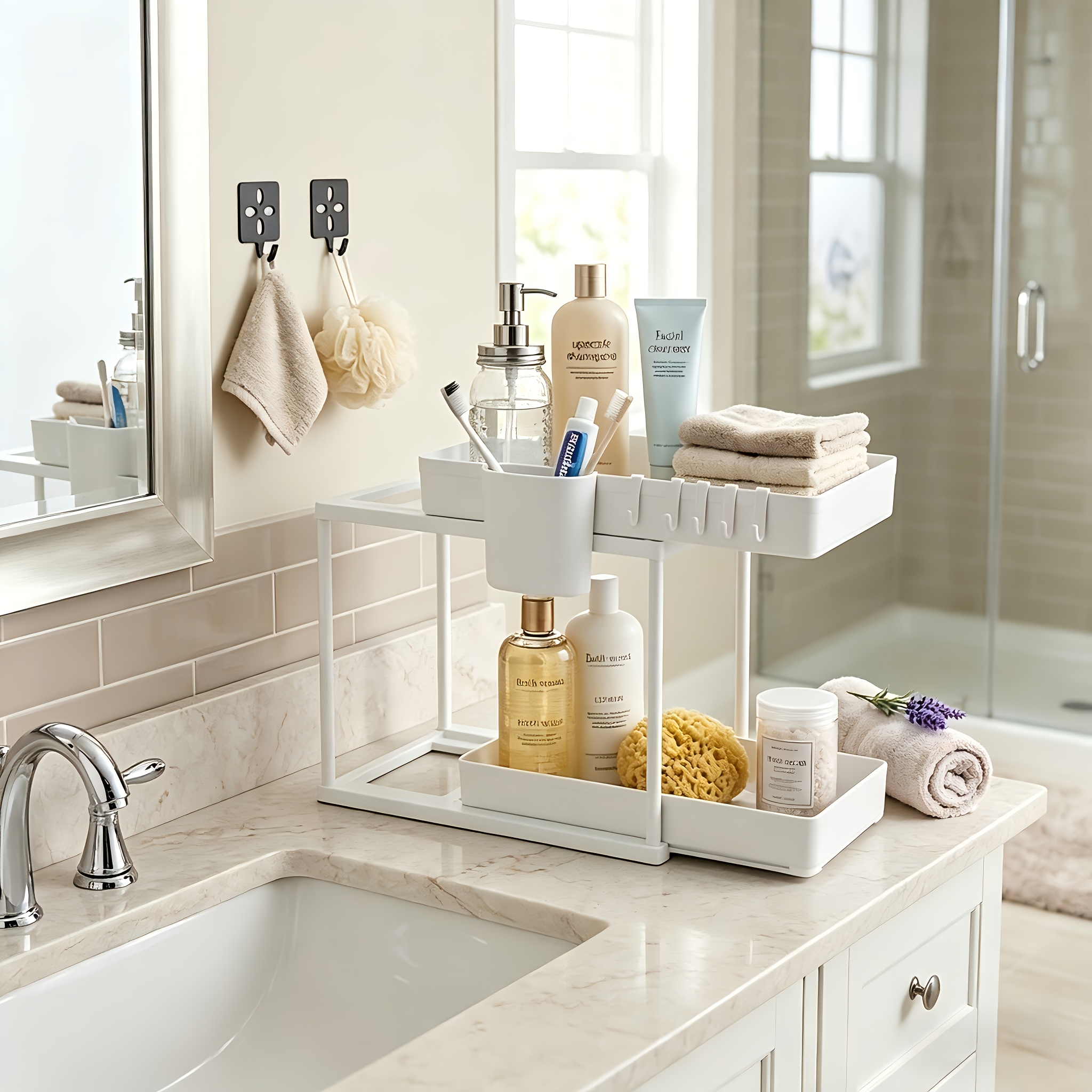 double layer under sink storage rack pull out under sink organizer kitchen under sink shelf layered sliding under sink storage and arrangement rack suitable for bathrooms under sinks and laundry rooms space saving