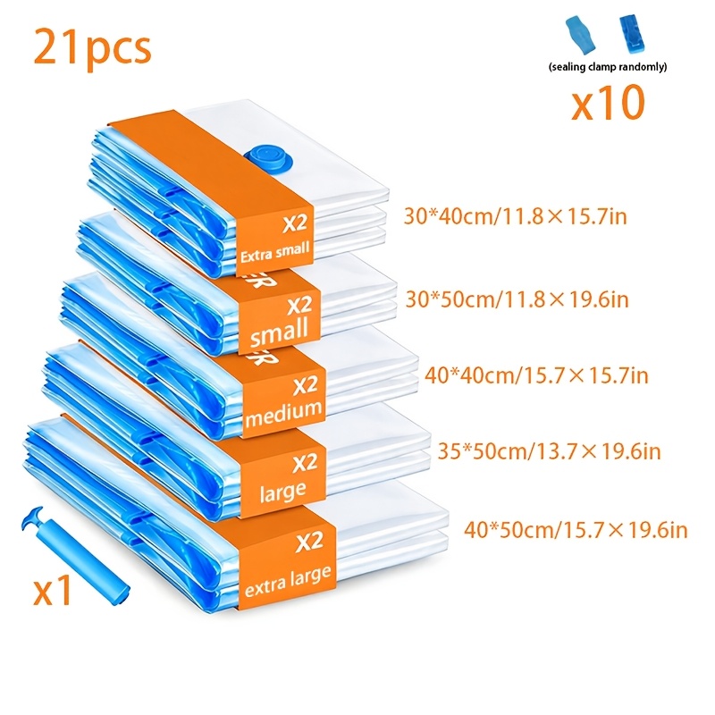 TEMU 21 pezzi - (Sacchi a compressione 2Xs+2M+2L+2Xl clip di chiusura e 1 pompa manuale), per viaggi e campeggio! Sacchi sottovuoto e pompe ad aria ,