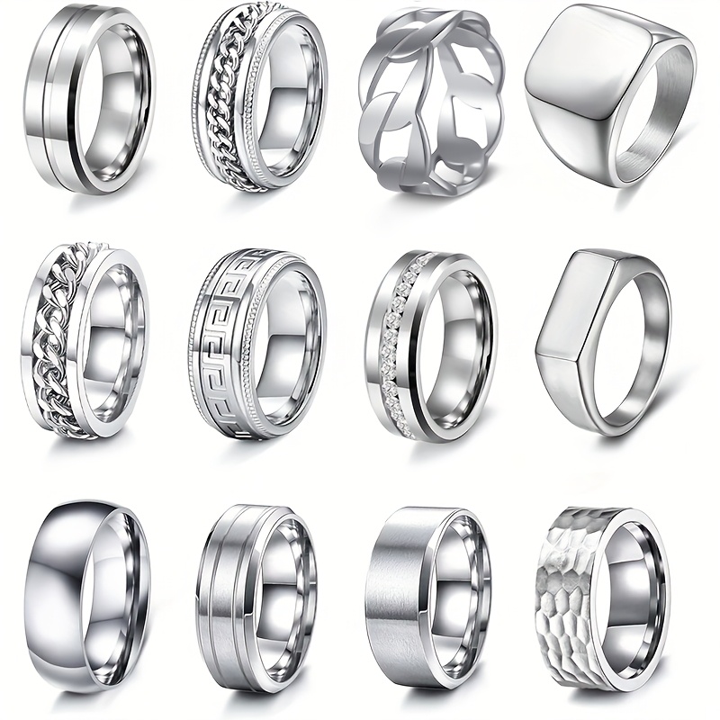 TEMU 12 Men And Women 304 Stainless Steel Rings, Square Seal, Thin Thumb Ring, Silvery Thick Dome, Cuban Chain Ring, Simple And Cool Finger Wedding