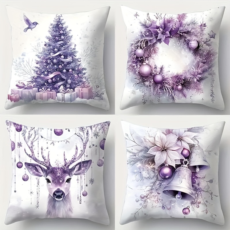 

4pcs, Christmas Pillowcase, Pillowcase, Purple And Christmas Tree , Weaving, For Living Room Decoration,