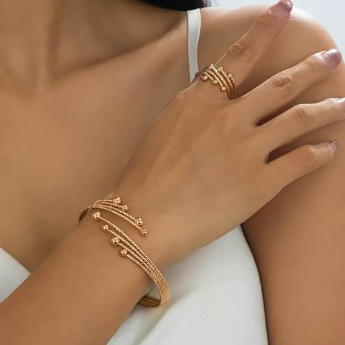 1 set of european and american fashionable versatile simple engraved line small ball bracelet and ring elegant and cute adjustable for daily wear parties and gifting