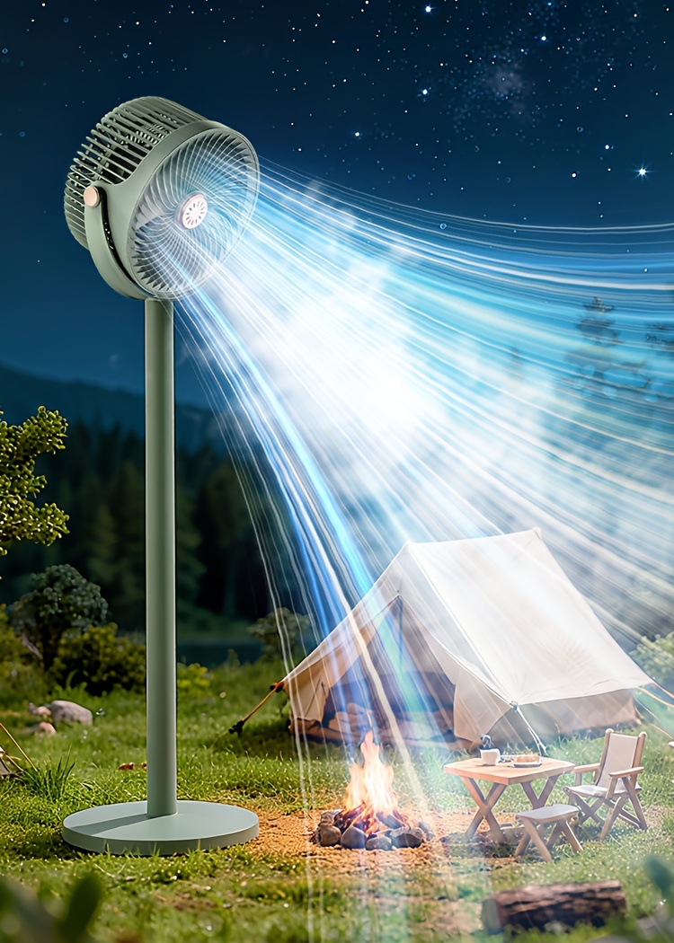 A Easy Outdoor Solar-Powered Floor Fan with a Circulating Function, Featuring Four Height Adjustment Modes, a Type-C Quick Charging Version, a Five-Speed Desktop Fan, a Retractable Electric Floor Fan, an Ultra-Long-Lasting Outdoor Cooling Device