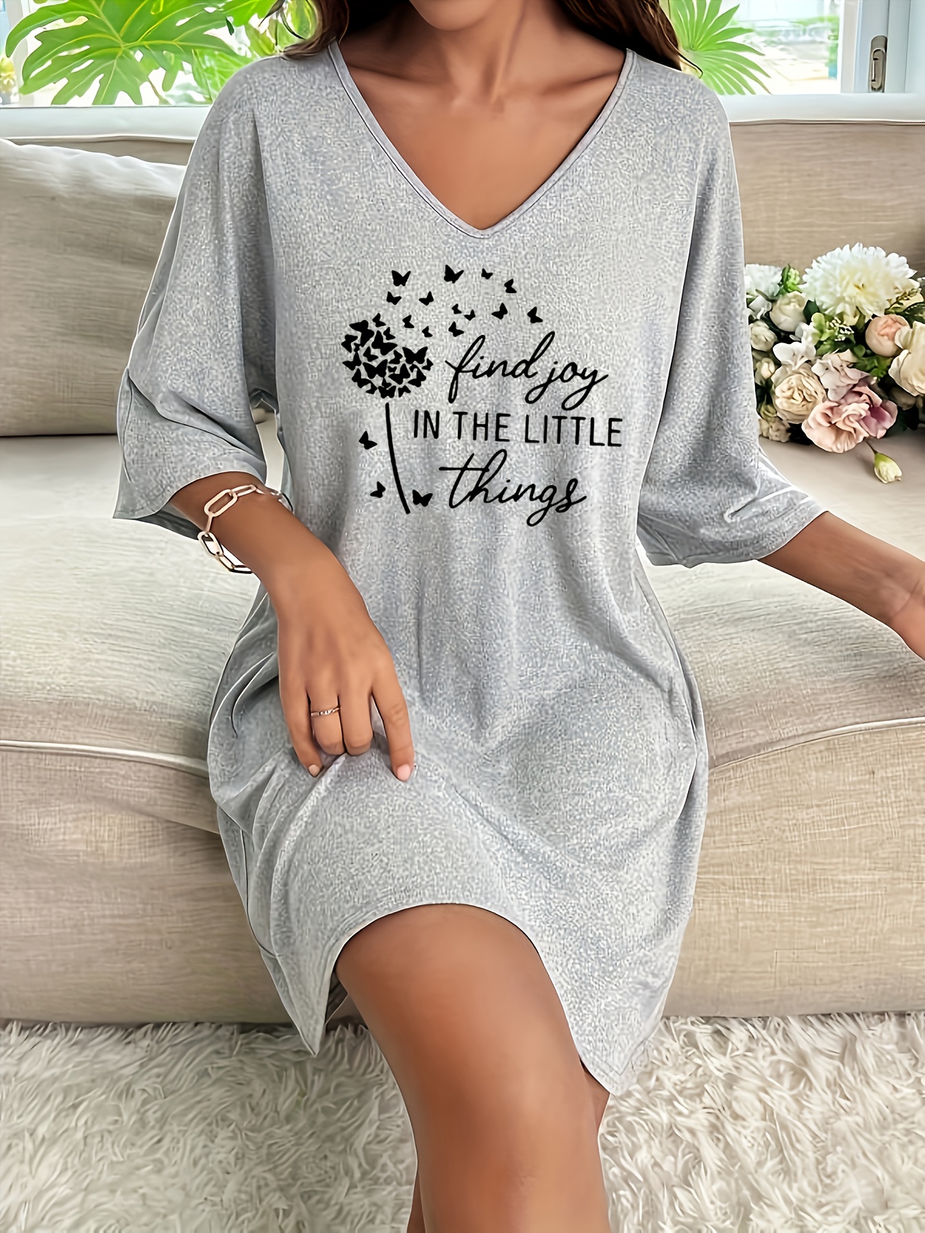 grey v neck t shirt dress Ribbed V-Neck T-Shirt Dress- Black