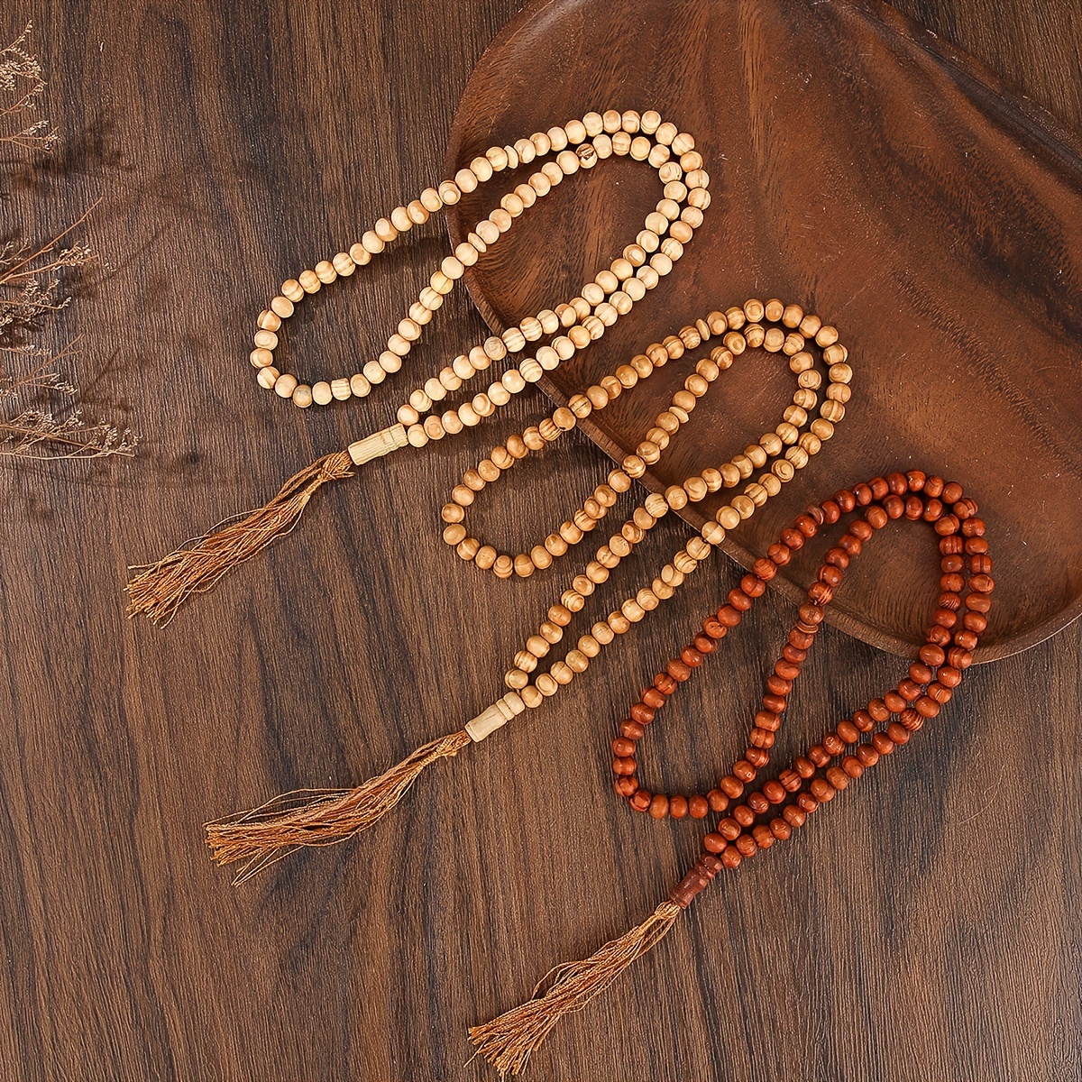 

3pcs Set Of Handmade Single-layer Monochrome Beads With 99 Beads Made Of Natural Wood