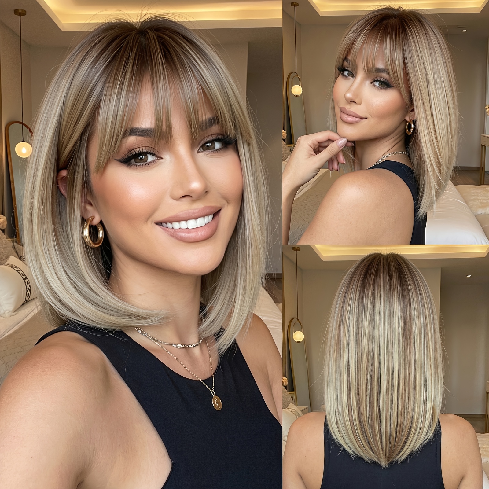 E-shop 12-Zoll Damen Brauner Platin Farbverlauf Air Bangs Schlüsselbein Bob Rose Netz Kappe Vollkopf Kurze Gerade Perücke, Verspieltes und Dynamisches