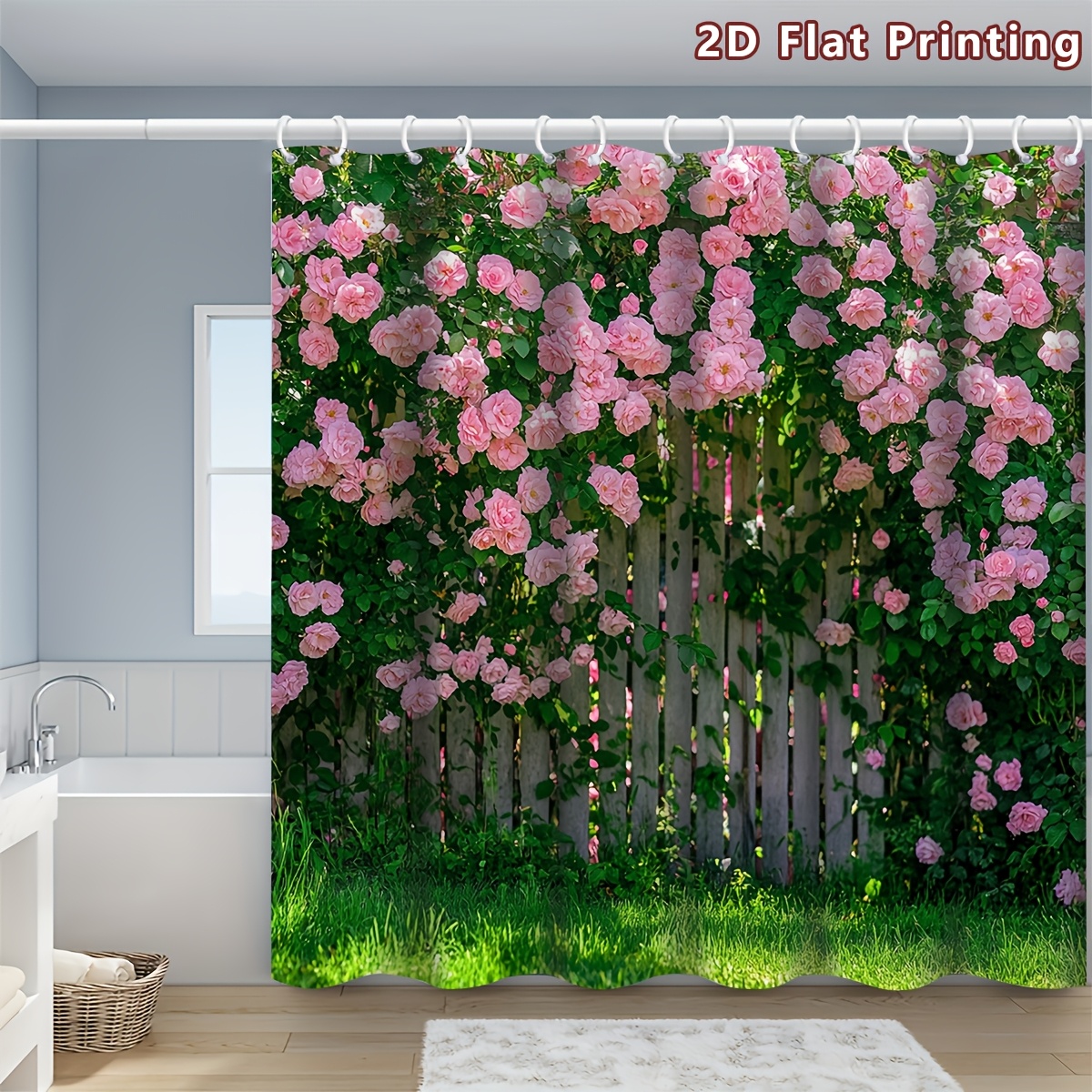 TEMU 2d Flat, 2d Flat, 1pc 2d Roses Floral Shower Curtain, Bathroom Decor, Options (80x180cm, 120x180cm, 150x180cm, 180x180cm, 180x200cm, 240x200cm)