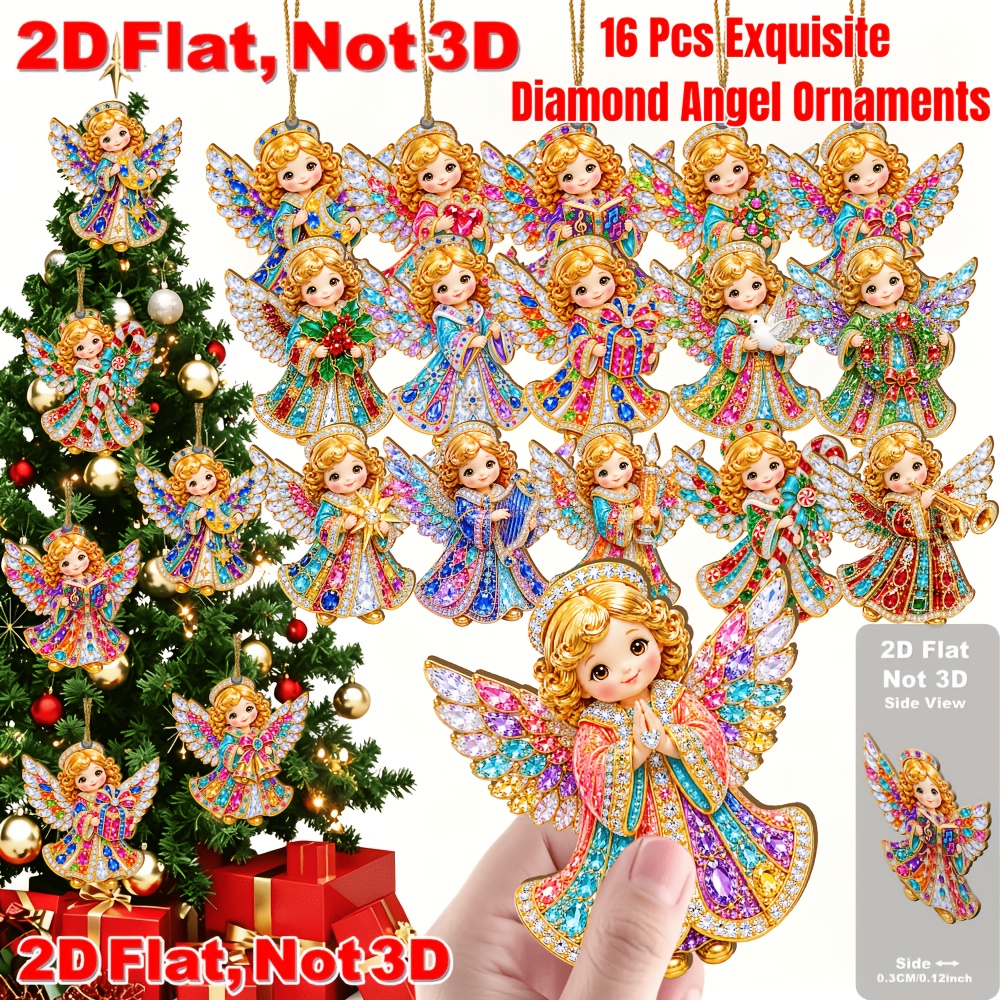 TEMU 2d Flat, 2d Flat 16pcs Diamond Ornaments, Colorful Sparkly Hanging Pendants, Not 3d, Xmas Tree Decor, Gift Box Tags For Home Window Door Party