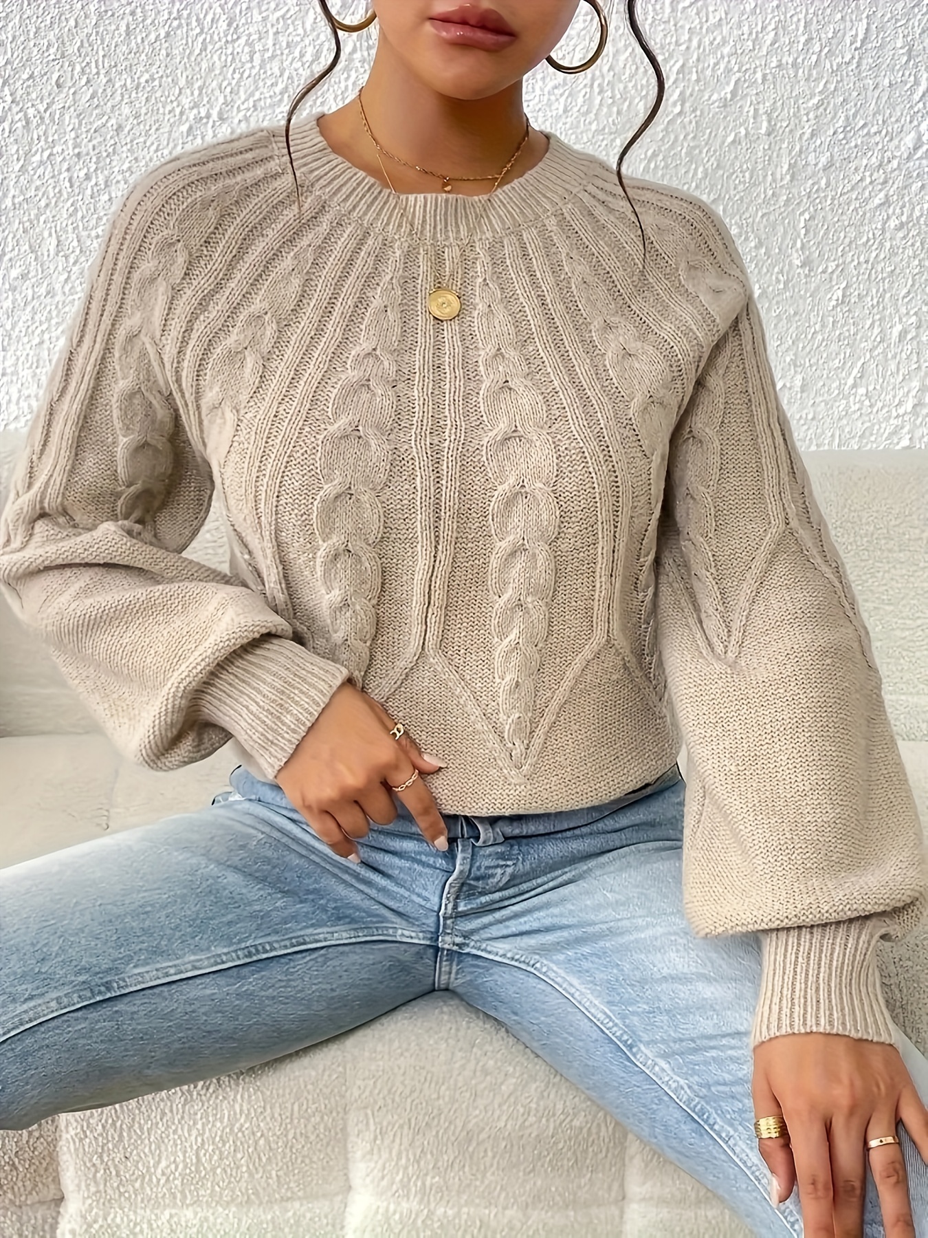 cable knit crew neck sweater elegant lantern sleeve knitted top for   womens clothing details 45