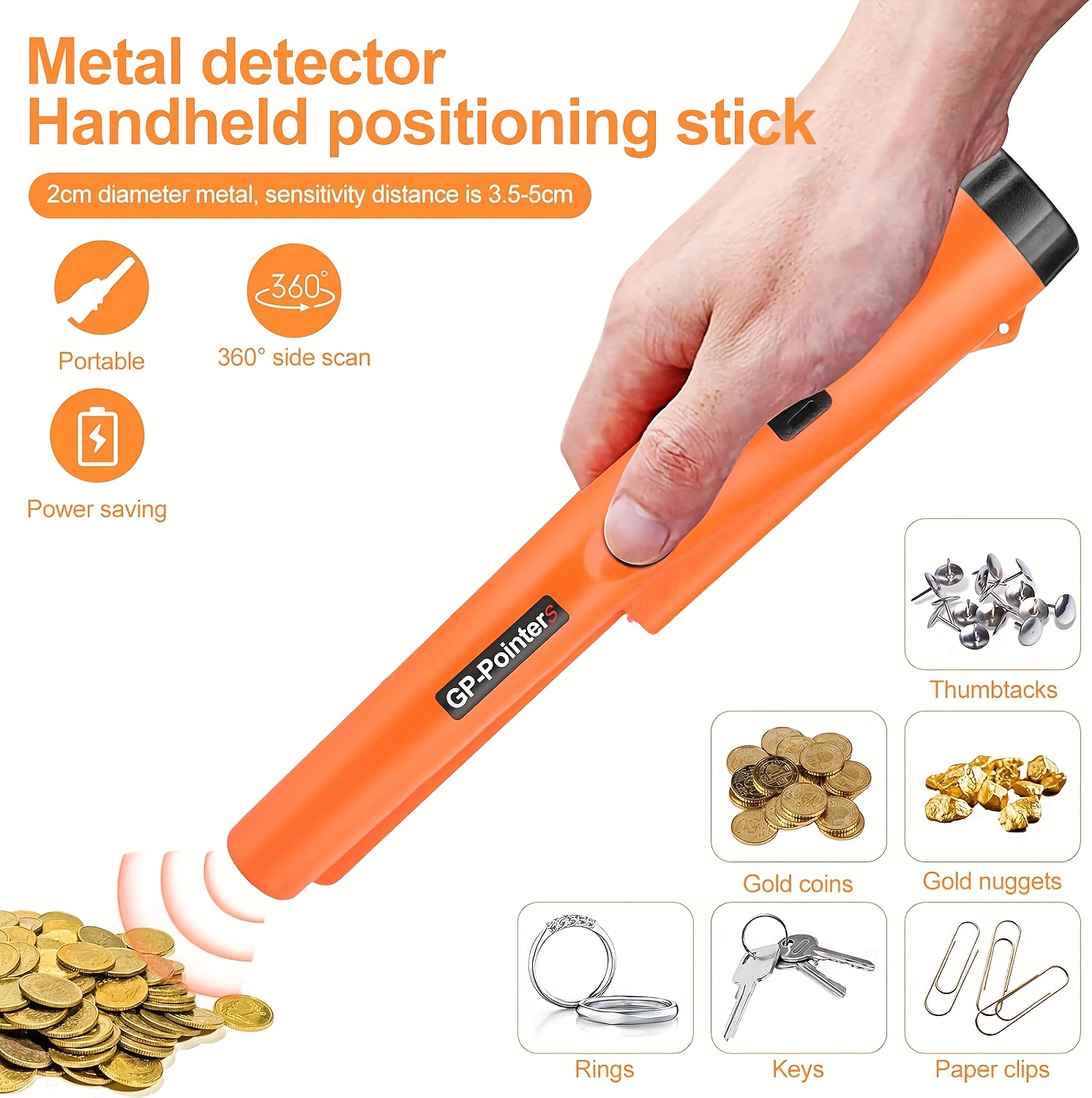Detector de metales con puntero, búsqueda de 360° para oro y tesoros, indicador LED y vibración con zumbador, batería de 9V NO INCLUIDA