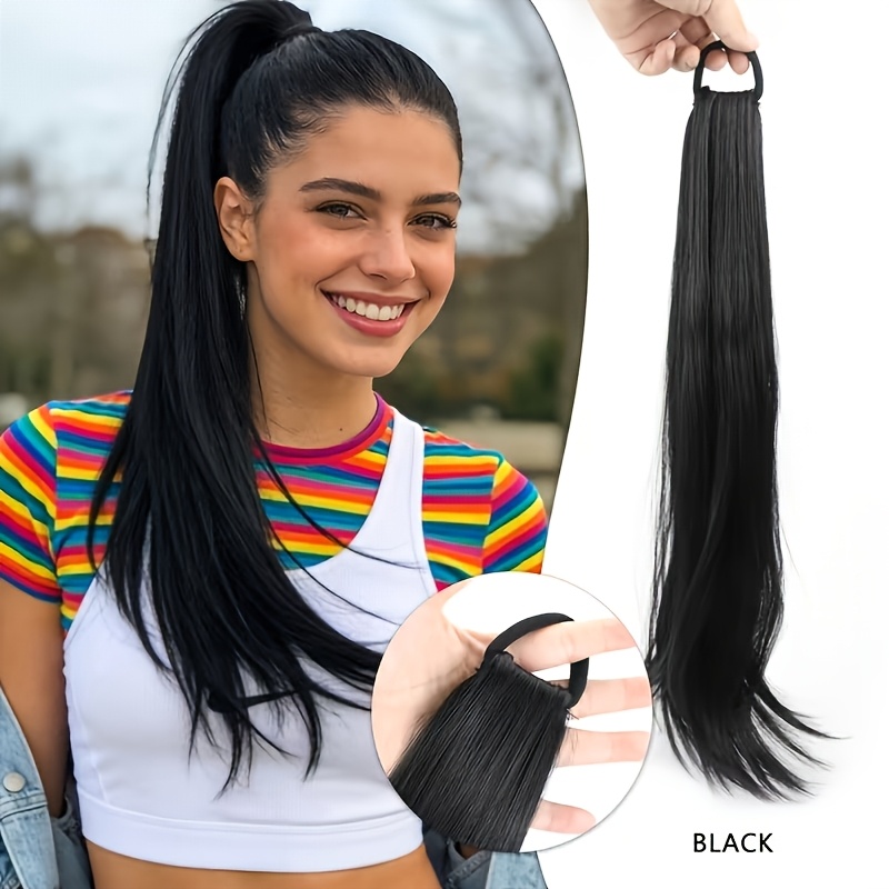 TEMU Layered Straight Elastic Hairband Ponytail Extension - Heat-resistant Synthetic Fiber Strands, Anti-slip Wrapped Ponytail, Suitable For Daily