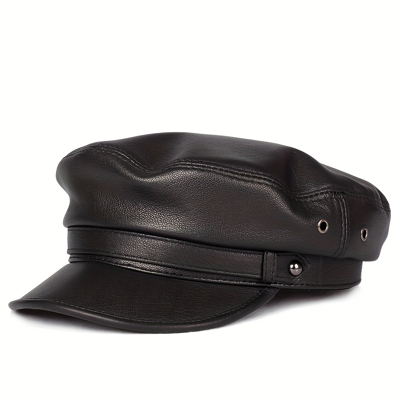 Image of Genuine Goatskin Leather Flat Cap For - Classic Newsboy Design With Ventilation Eyelets, Durable Comfortable Unisex Hat For Casual & Formal Wear, Versatile Style, Quality Stitched Detail