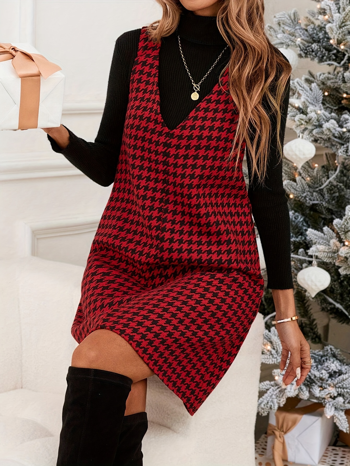 black tie dresses sleeves Red Mock Neck Ribbed Long Sleeve Sweater Dress S / Red