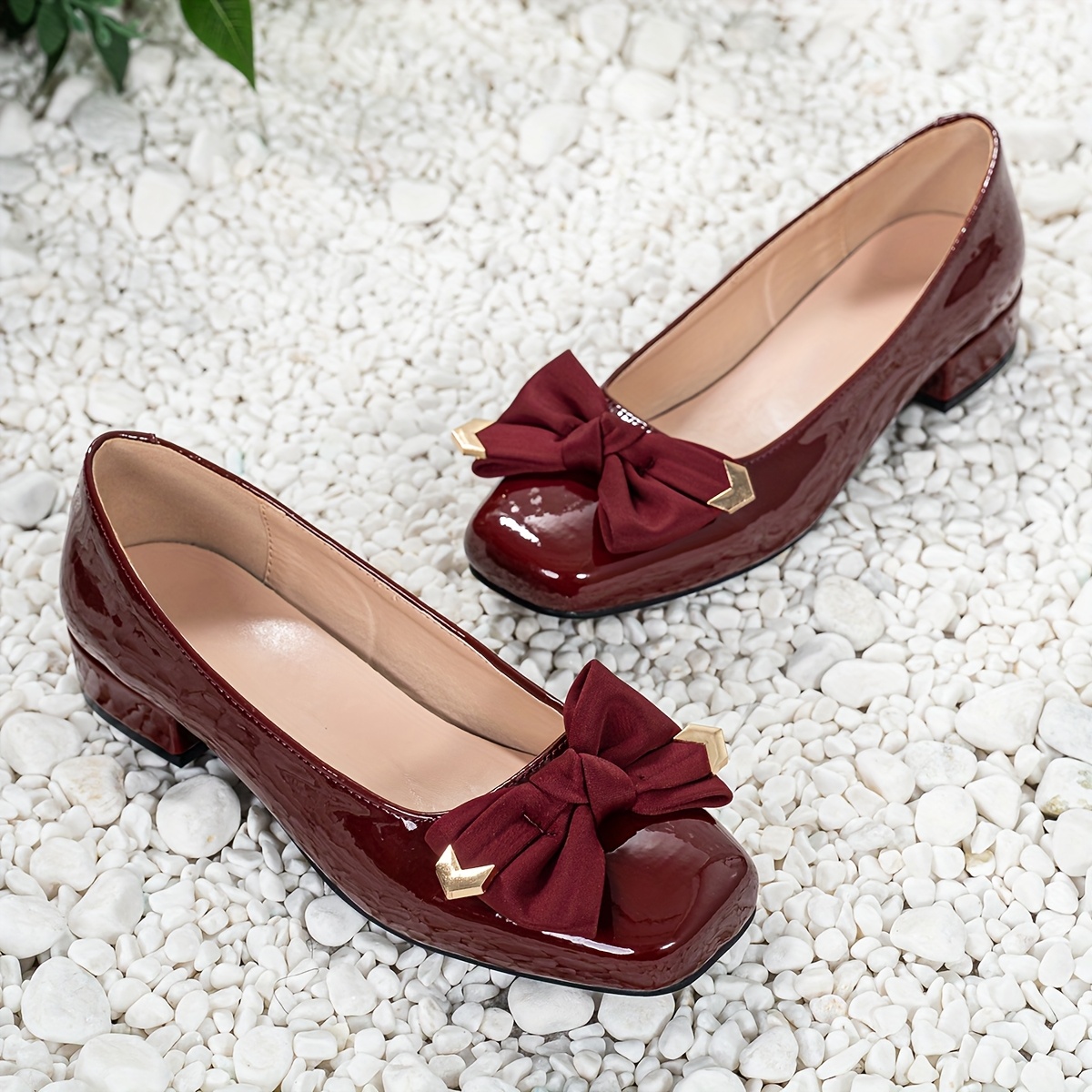 

Chic Red Bow-knot Pumps For Women, Fashionable Square Toe Low Heel Shoes With Anti-slip , Comfortable