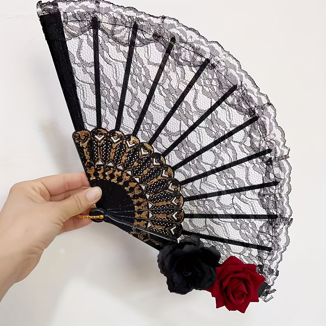 Image of Elegant Vintage Spanish Folding Fan With Rose Lace Design, Black - Ideal For Weddings, Parties & Gifts, Perfect For Christmas, Valentine's Day, Easter