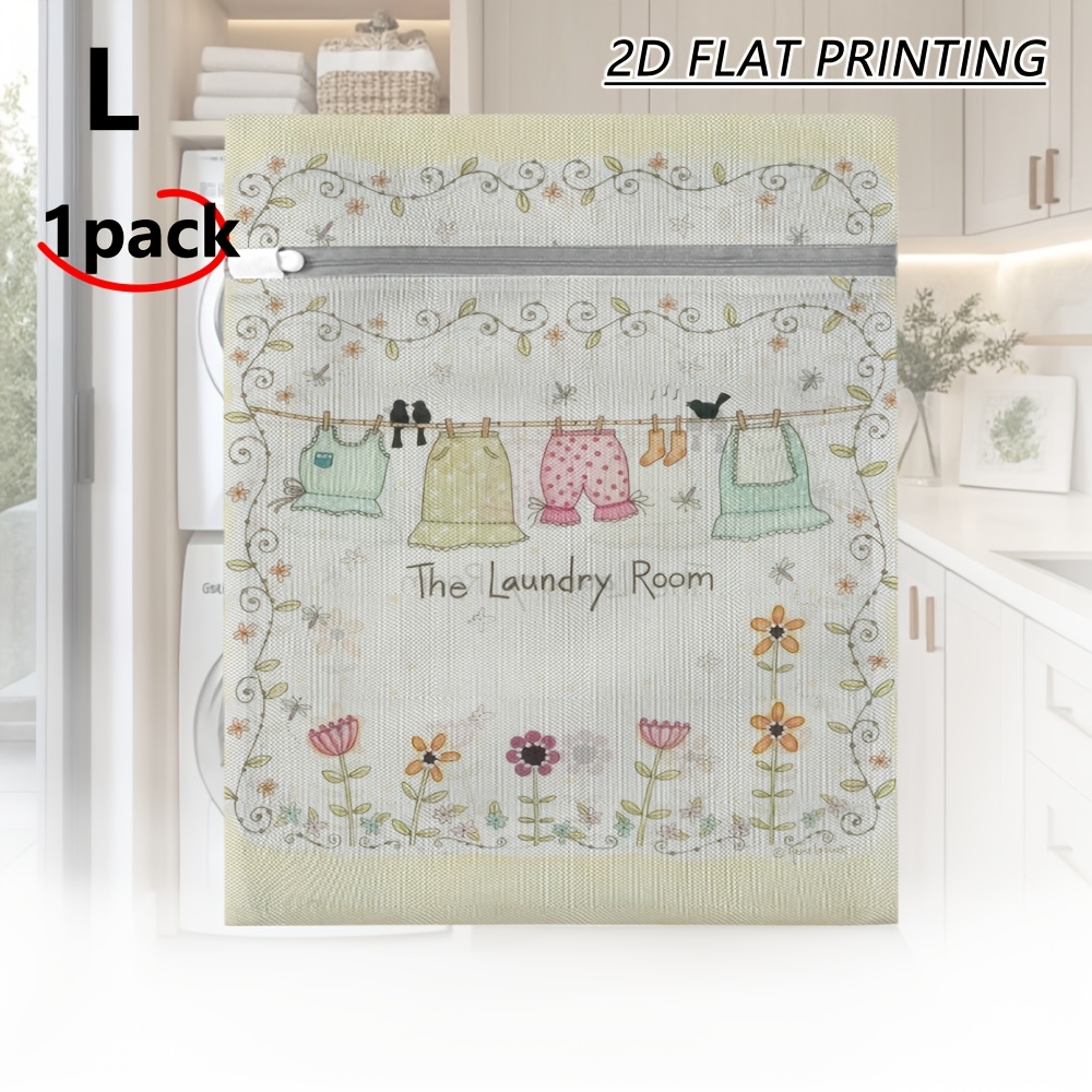 TEMU 1pc Zipper Mesh Laundry Bag, Reusable Pastoral Clothesline Floral Print, Sturdy Mesh Bag Suitable For Everyday Clothes Cleaning, Tiny Wear