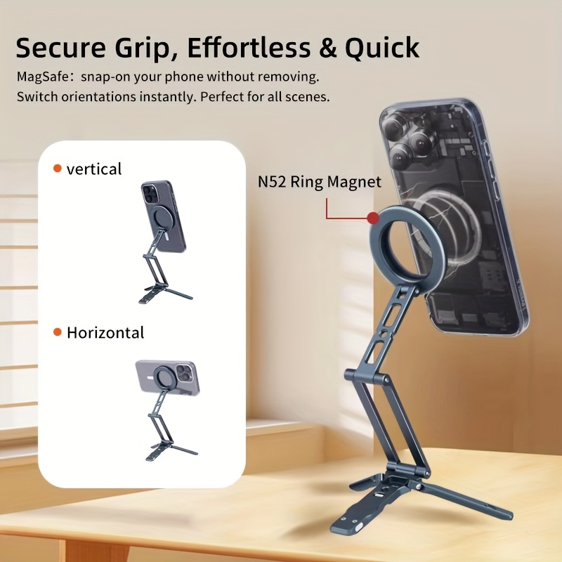 Image of Xiletu Magnetic Phone Tripod Stand With Hook Compatible For Iphone/smartphones, Magnetic Base & Pan-tilt, Foldable Phone Holder For Selfie Video Recording, Desktop Stand