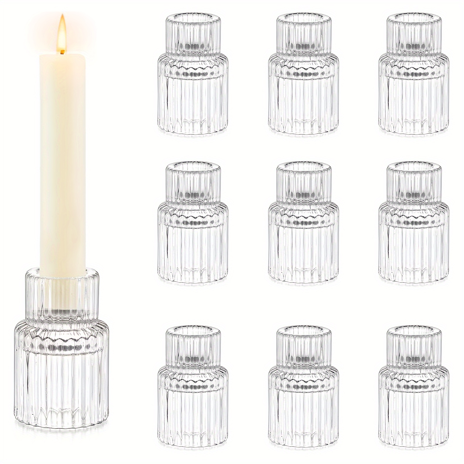 

2/10pcs, Candle Holder Glass Candlestick Holders, Glass Candle Holders For Candlestick Candles, Clear Ribbed Candle Sticks Holder Modern Taper Candle Holder For Home Decor Table Centrepiece
