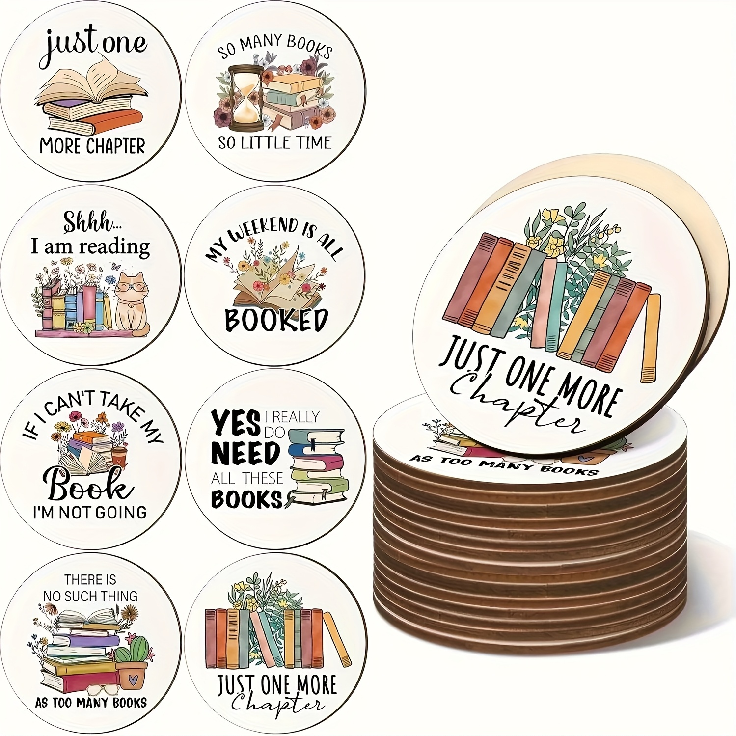 TEMU 8pcs Easy Wooden Book Pattern Coasters, Wooden Coffee Cup Pads As Gifts, Suitable For Book Lovers, Librarians, Library Decoration Items, Home