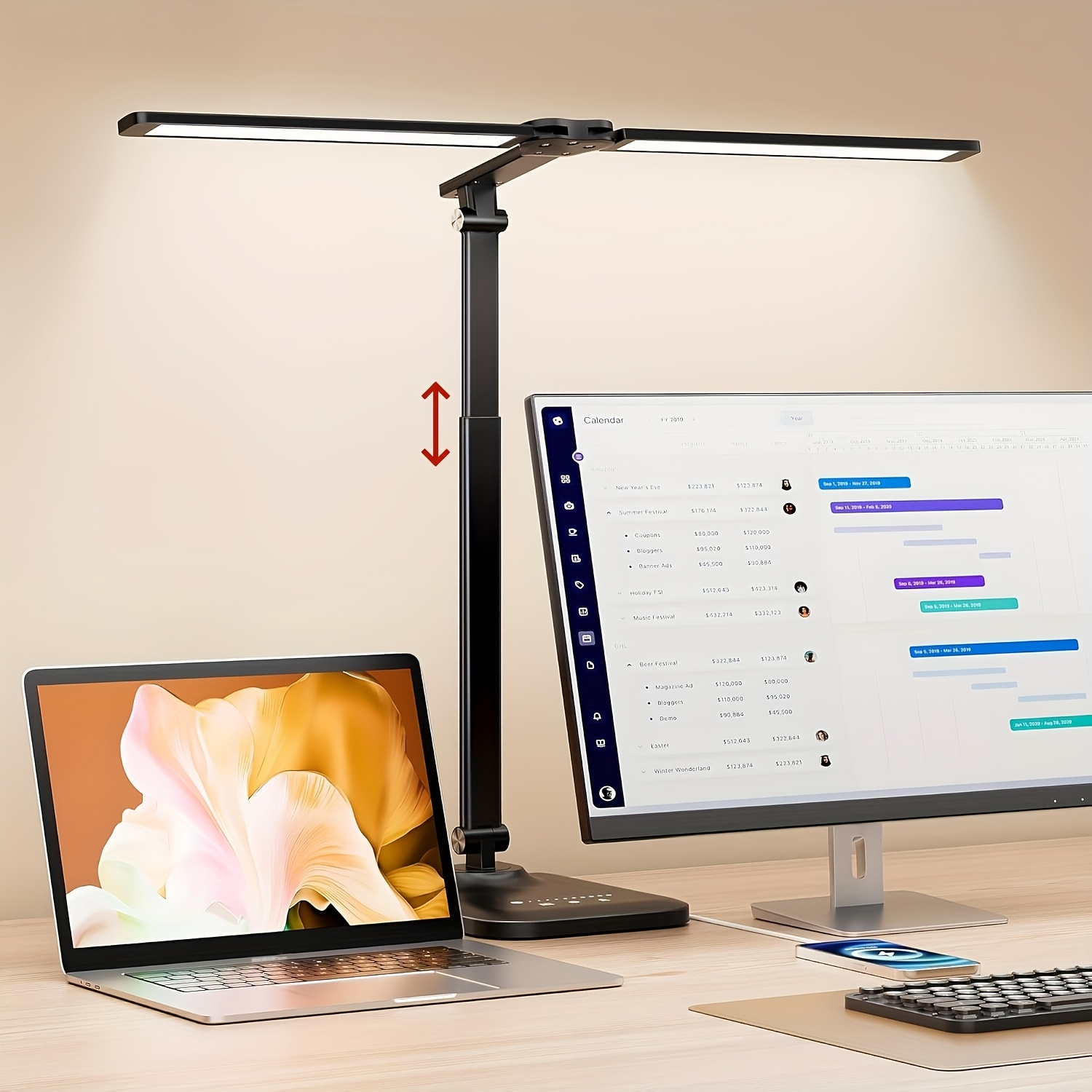TEMU Lámpara de escritorio LED de cabezal con puerto de carga USB - Lámpara de arquitectónica ajustable con control táctil - Lámpara de mesa con