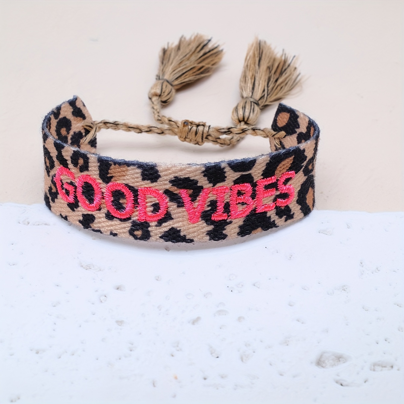 Image of A Stylish Leopard Print Handmade Woven Vintage Tassel Letter Bracelet Is Perfect For Family, , , And Wearing At Holiday Parties Or During Travel.