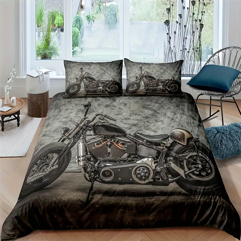 TEMU 2pcs/3pcs 100% Full Polyester Material Retro Motorcycle Trendy Gray Print Bedding Set (1 Quilt Cover + 1/2 Pillowcase)