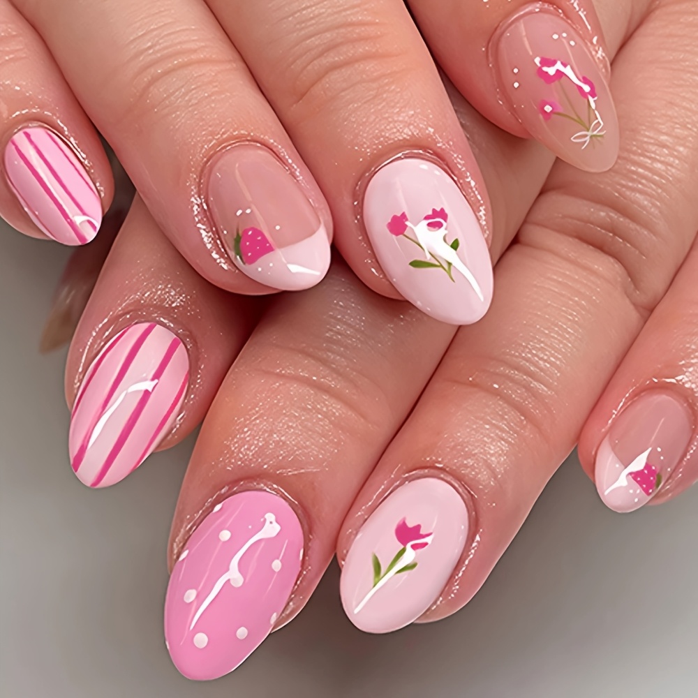 TEMU Upgrade Your Look With 24 Short Oval Press-on Nails, Featuring A Pastoral, Fresh, Pink Floral, Striped, And Polka . Detachable Fake Nails