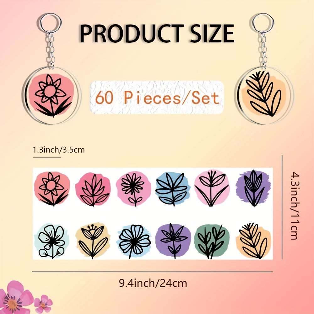 TEMU 60 Sets de Porte-clés Décoratifs en Papier avec de Plantes, Transfert UV DTF Adapté aux Ajouts Personnels de Porte-clés