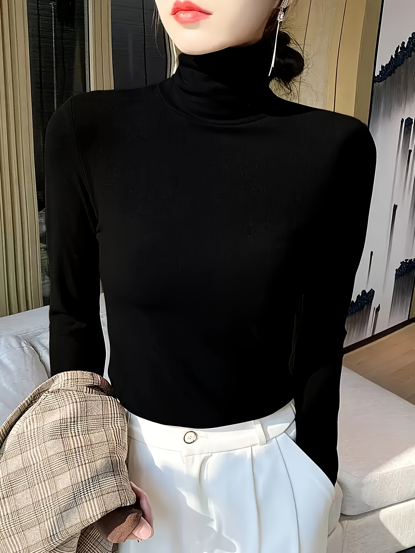 Women's Retro High Neck Long Sleeve Turtleneck Sweater Fit H-Silhouette  Pullover, Solid Black Japanese Korean Fashion, Machine Washable Fall Wi