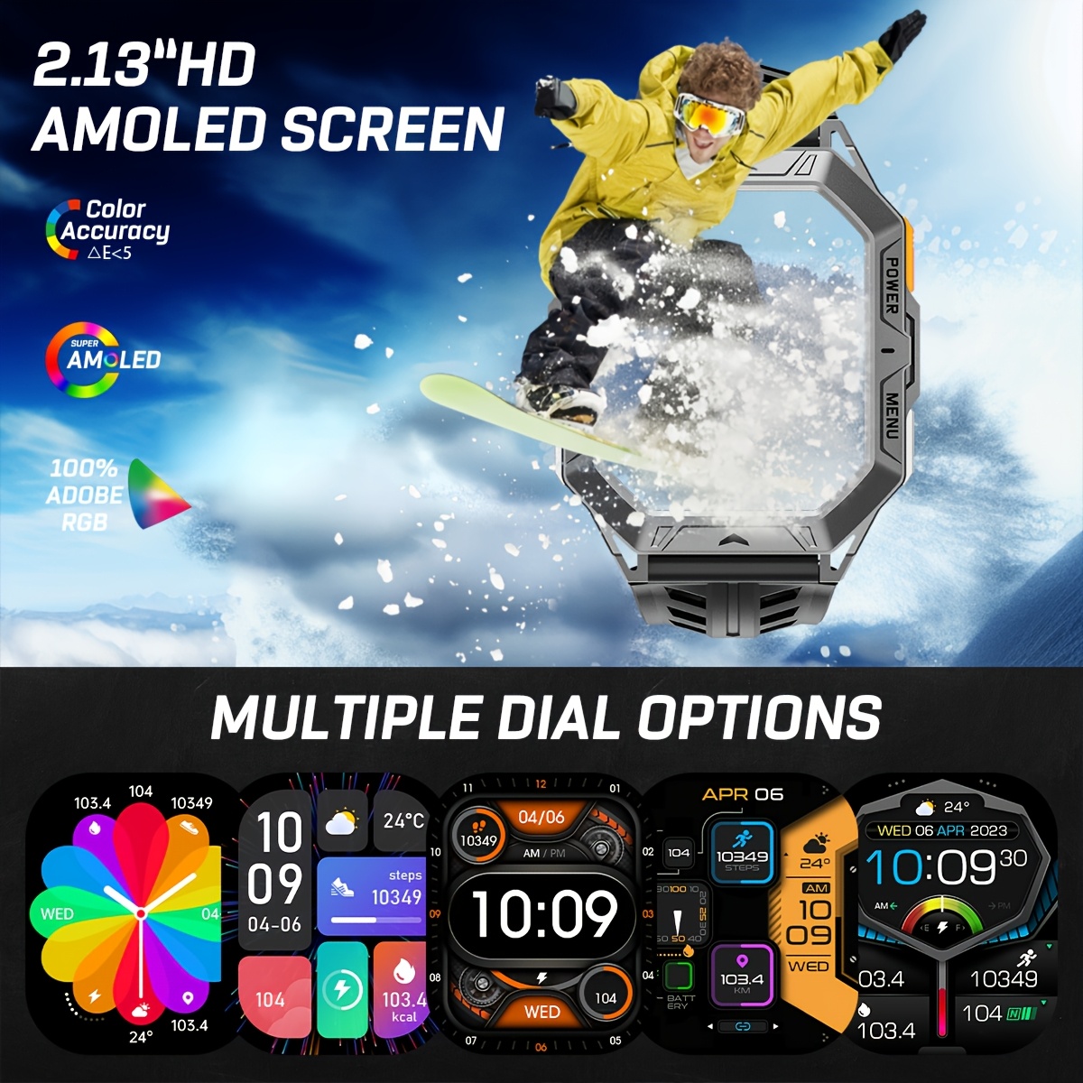 Montre connectée LIGE pour homme, IPX8, écran AMOLED 2,13 pouces, 100+ modes sport, appel sans fil, affichage météo, batterie 850 mAh, 100 jours d'autonomie, montre de sport pour iPhone et Android, noir/gris, cadeaux de la Saint-Valentin