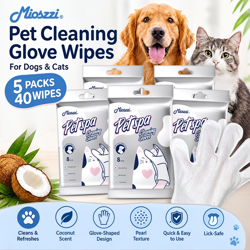 TEMU Mioszzi Pet Cleaning Glove Wipes For , 5pcs 40pcs Extra Large Pet Grooming Mitts, Glove-shaped Pearl Texture With Coconut Scent, To Use, Less