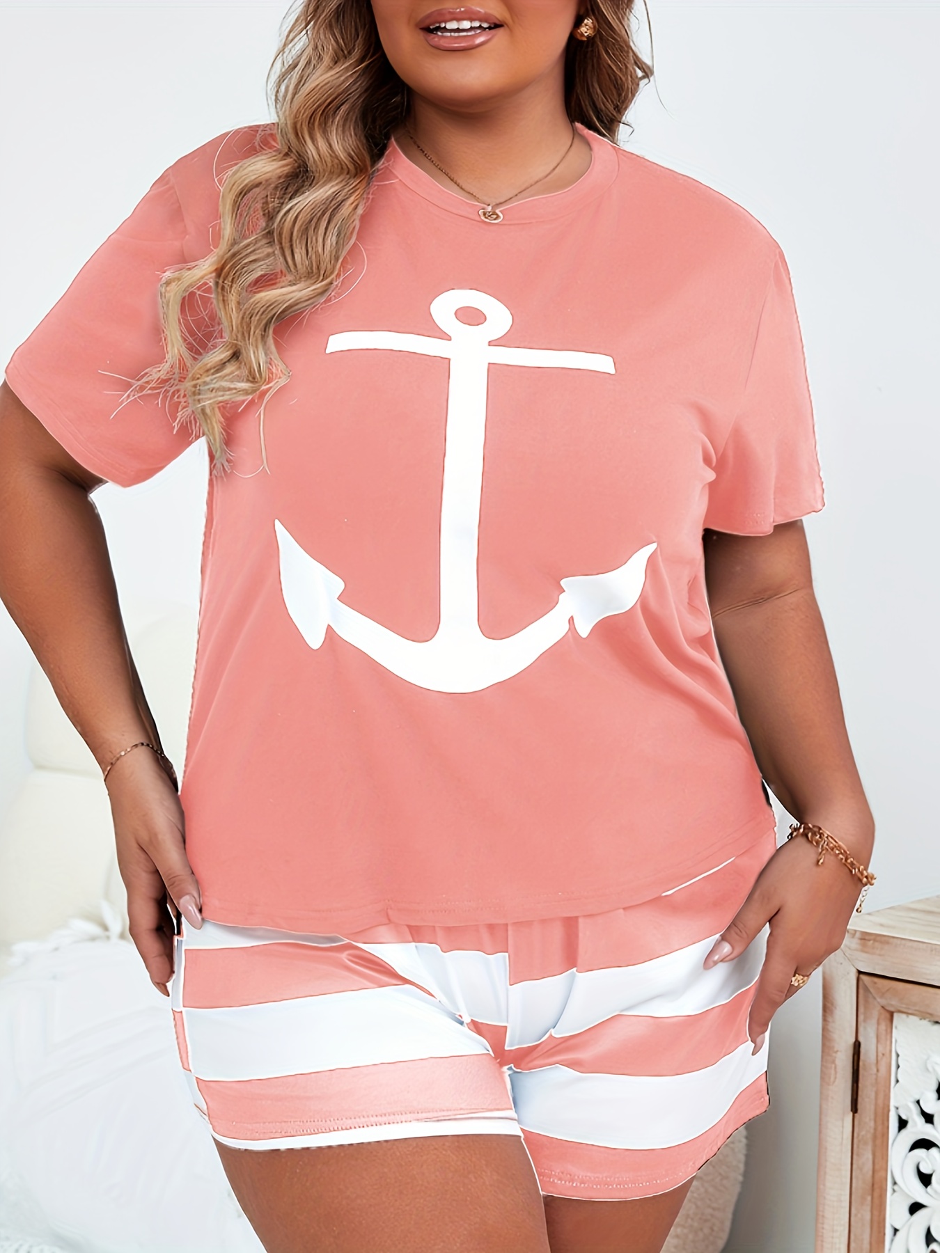 Plus Size Casual Outfits Set Women's Plus Anchor Print One - Temu  Philippines
